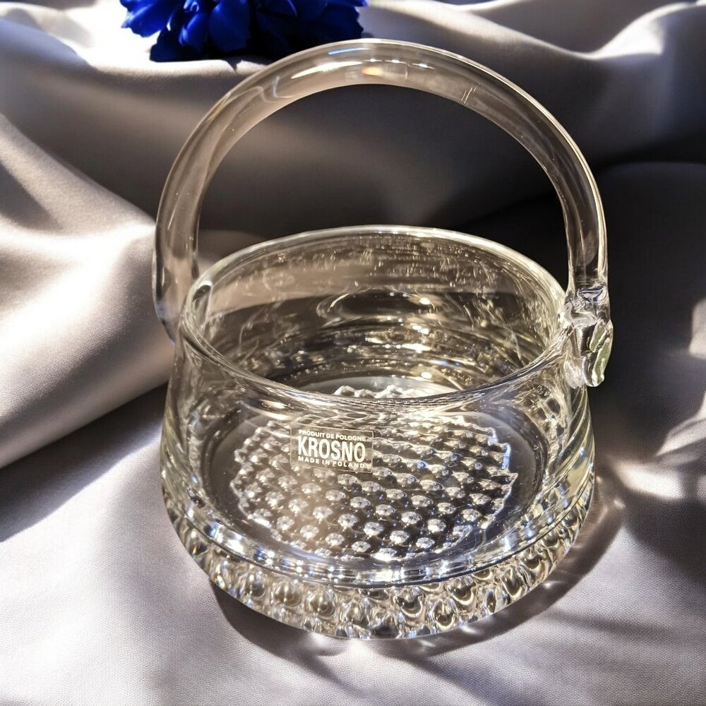 Rare Vintage Krosno Glass Basket Made in Poland Elegant Clear Handblown Design